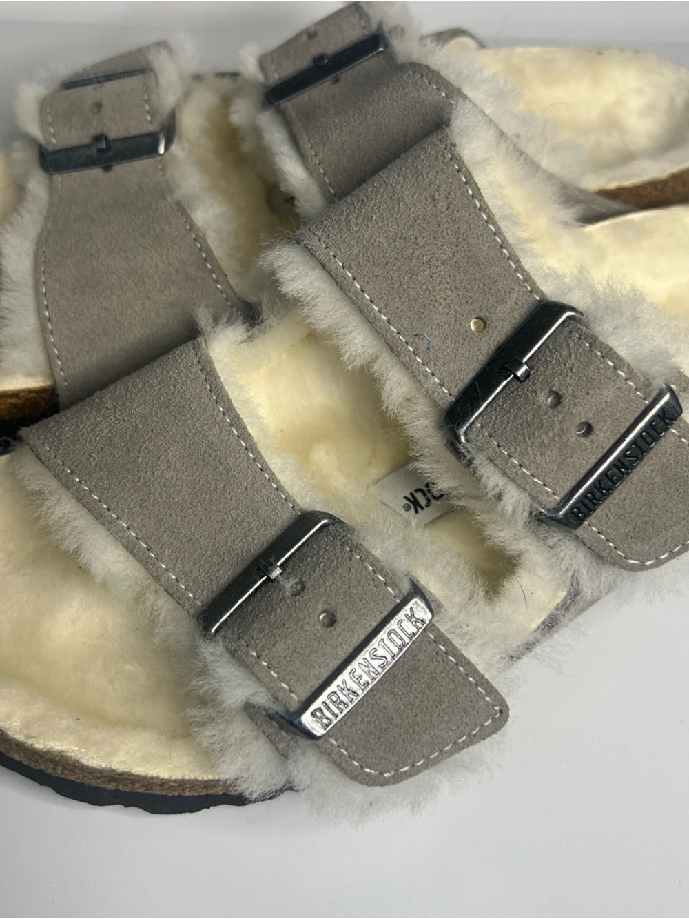 Birkenstock Arizona Shearling Sandals Women's 38 Grey Suede Slides NWOT - Picture 5 of 8